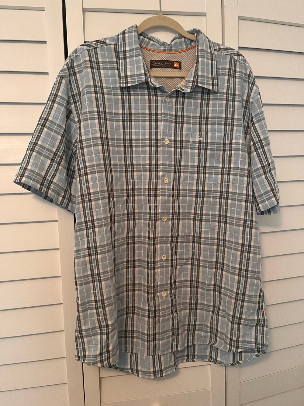 Quiksilver Waterman Collection Men SS Blue White Gray Plaid Button Shirt Large ?